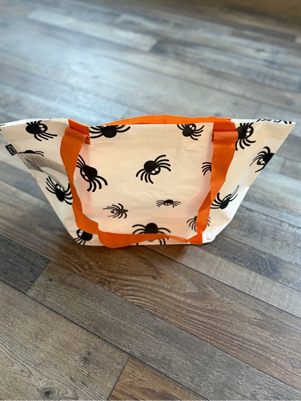 IKEA White Tote Bag with Black Spider Print and Orange Handles - Picture 2 of 4